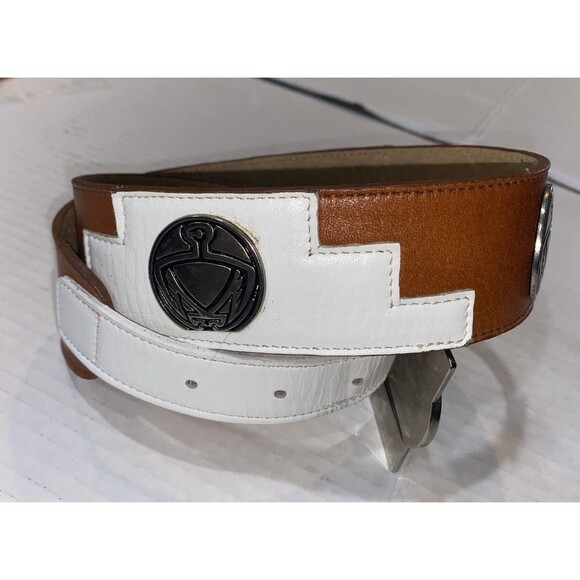 Ginnie Johansen Vintage Womans Leather Belt 24S Aztec Style Art Brown White EUC - Picture 2 of 8